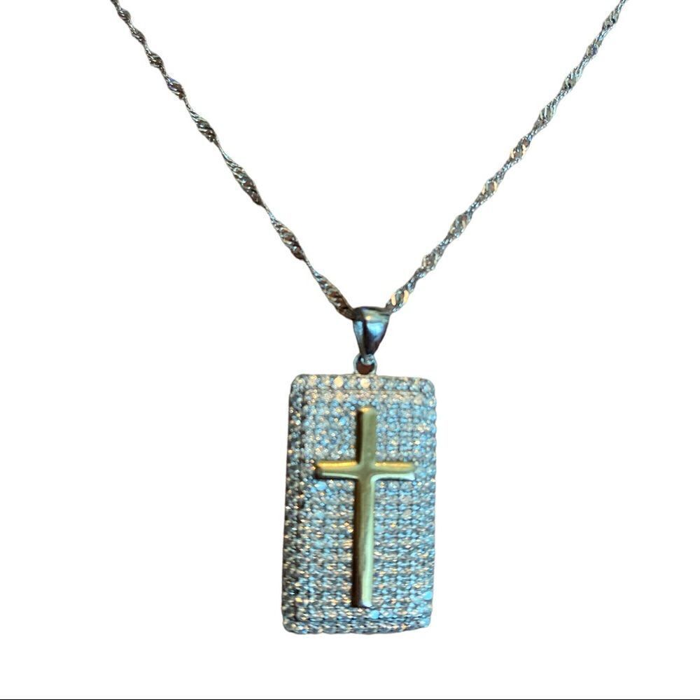 Sterling Silver Rope Necklace with Gold Cross and Crystal Stones Pendant